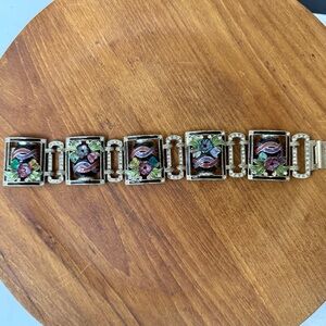 Art Deco Enamel Floral Vase Design Bracelet By Sweet Romance USA 7-7.5”